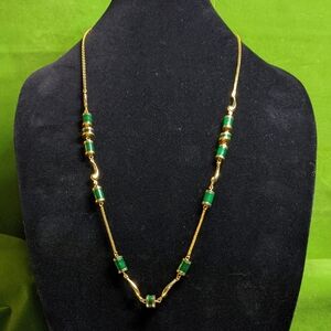 Nakagawa Vintage 90s Gold-tone Necklace With Green Enamel Barrel Beads